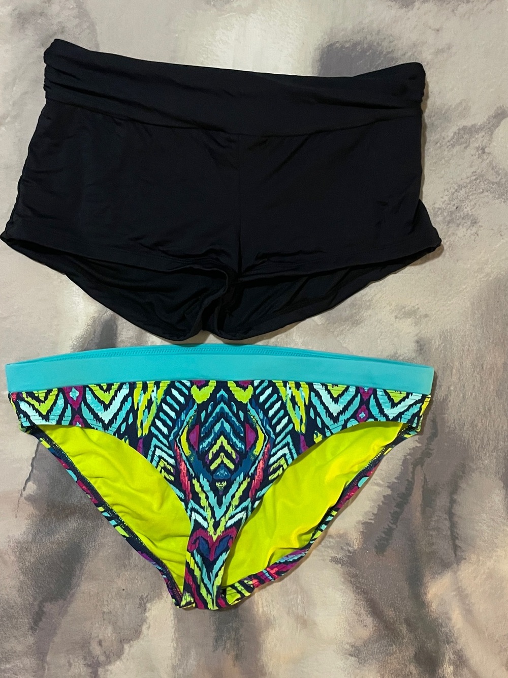Athleta Neon Tribal Bikini Bottoms and BCA Black Swim Boyshorts, L